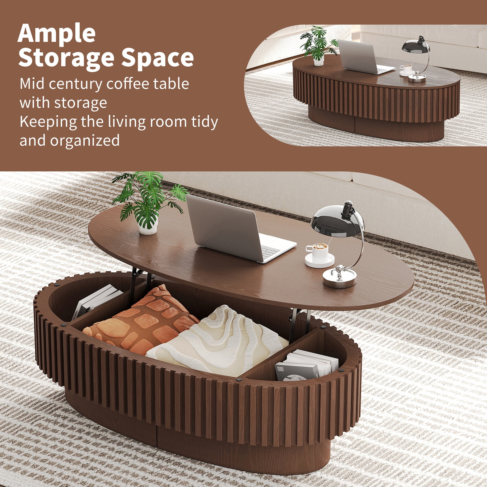 39.37" Lift Top Wood Oval Coffee Table with Hidden Storage Compartment ...