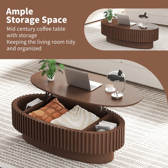 39.37" Lift Top Wood Oval Coffee Table with Hidden Storage Compartment and Shelf for Living Room, Fluted Oval Center Tea Table with Wooden Lift-Top for Apartment, Small Space, Brown