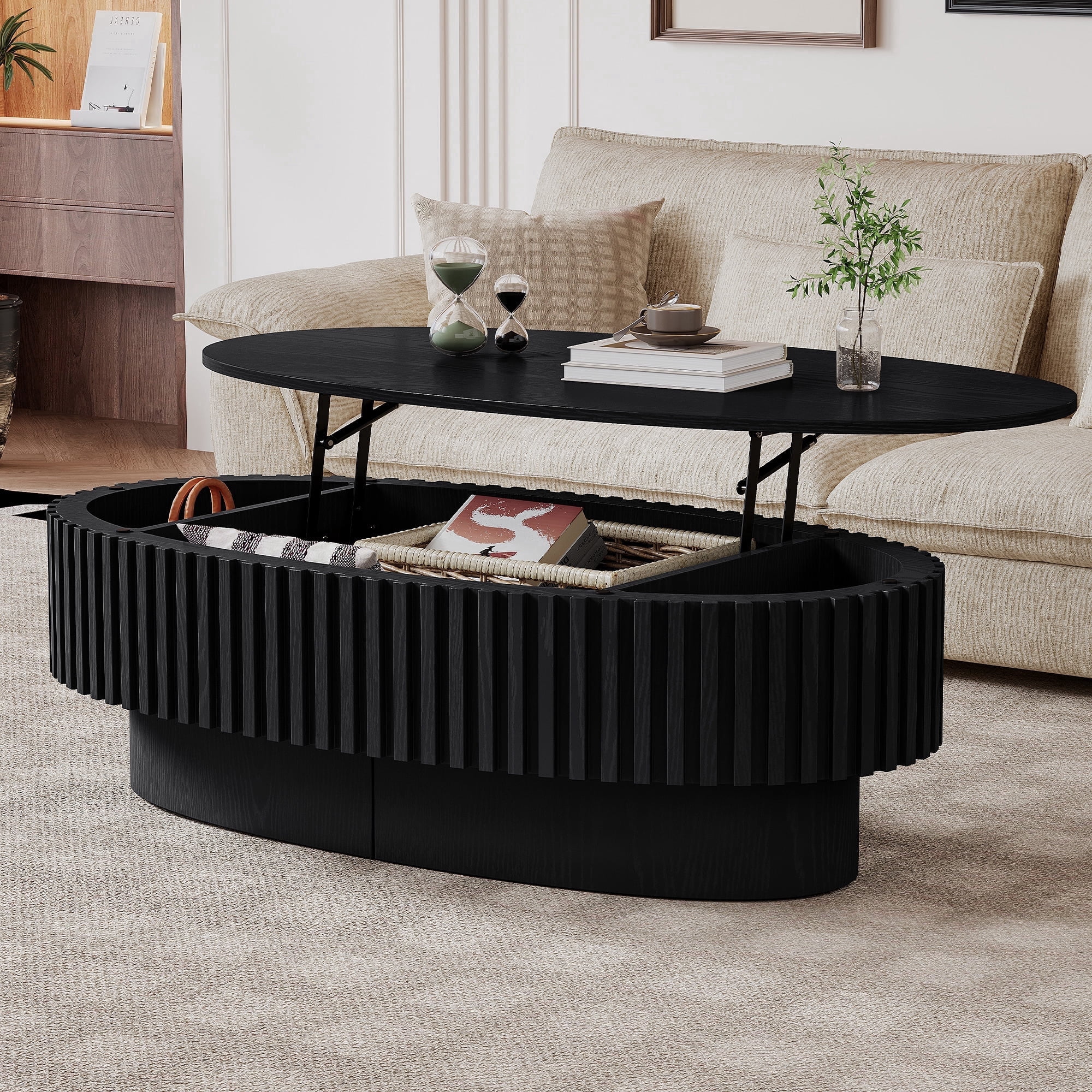 39.37" Lift Top Wood Oval Coffee Table with Hidden Storage Compartment ...