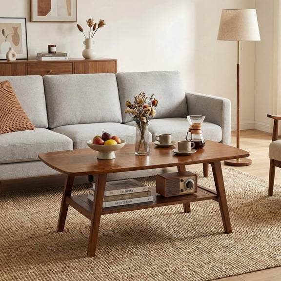 39.37" Mid Century Modern Coffee Table, 100% Solid Oak 2-Tier Table with Storage Shelf, Rounded Corners for Living Room