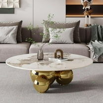 39.37" Modern Round Coffee Table for Living Room, Sintered Stone Coffee Table with Golden Balls Metal Base, Circle Living Room Table Center Table for Home Office