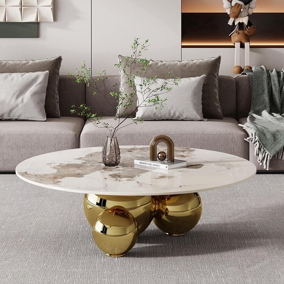 39.37" Modern Round Coffee Table for Living Room, Sintered Stone Coffee Table with Golden Balls Metal Base, Circle Living Room Table Center Table for Home Office