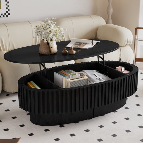 39.37" Oval Lift Top Coffee Table, Wooden Lift-Up Table with Hidden Storage & Smooth Rounded Edges, Multi-Functional Dining Center Table for Living Room, Lounge & Small Space, Black