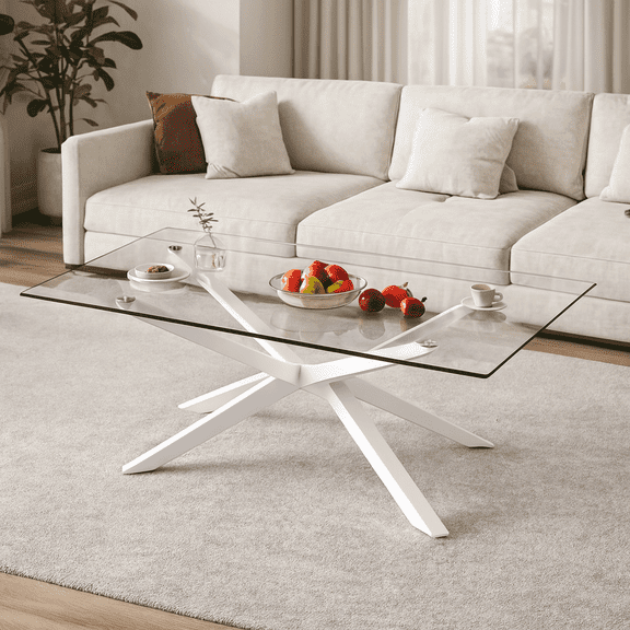 39.37" Rectangle Clear Glass Glass Coffee Table,Stylish Design with White Metal Legs, Coffee Table for Living Room