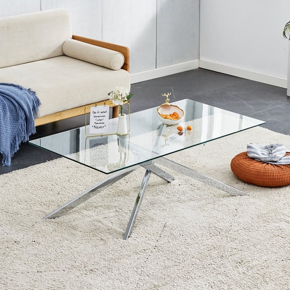 39.37" Rectangular Clear Tempered Glass Coffee Table, Modern Living Room Cocktail Table with Silver Chrome Plated Metal Legs, 180 lbs Capacity