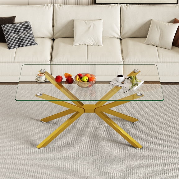 39.37" Rectangular Clear Tempered Glass Coffee Table with Gold Metal Legs, Modern Minimalist Cocktail Table for Living Room