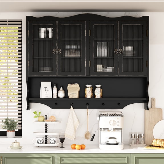 39.37"Retro 4 Door Wall-Mounted Cabinet, Featuring Two Layers of Storage Space and An Open Hook Rack Space,Suitable for Bathrooms, Kitchens, Dining Rooms, Antique Black