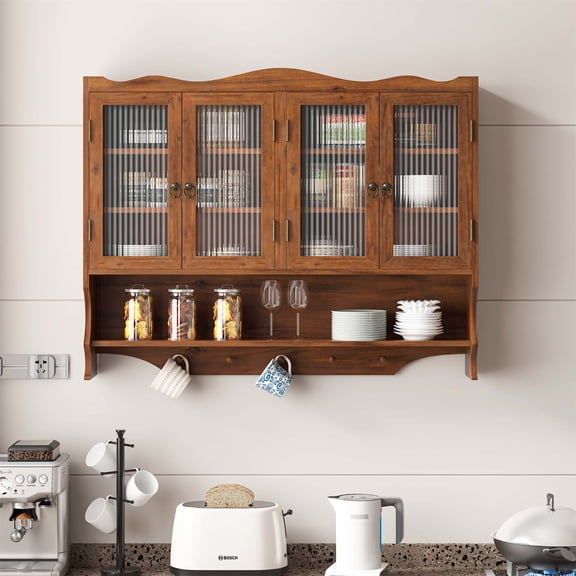 39.37"Retro 4 Door Wall-Mounted Cabinet, Featuring Two Layers of Storage Space and An Open Hook Rack Space,Suitable for Bathrooms, Kitchens, Dining Rooms, Brown