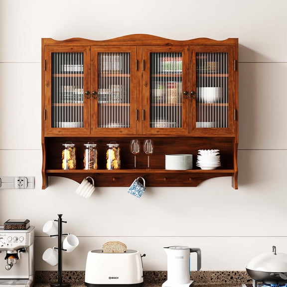 39.37"Retro 4 Door Wall-Mounted Cabinet, Featuring Two Layers of Storage Space and An Open Hook Rack Space,Suitable for Bathrooms, Kitchens, Dining Rooms, Brown