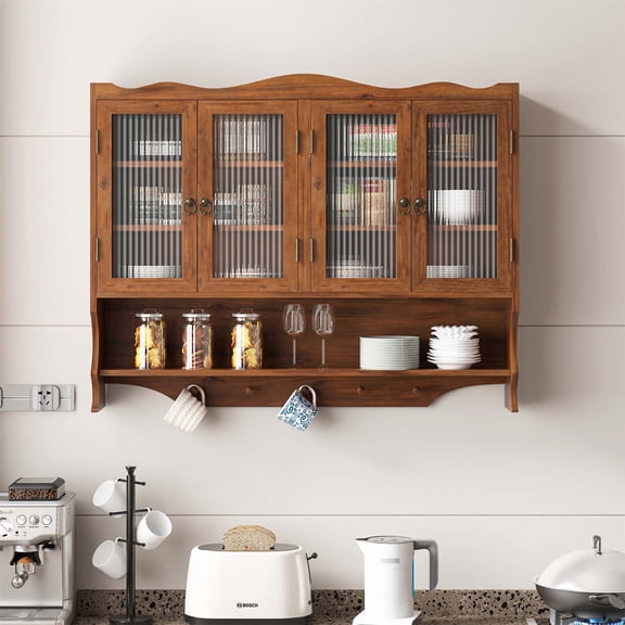 Rewen 39.37"Retro 4 Door Wall-Mounted Cabinet, two Layers of Storage Space and an Open Hook Rack Space,Bathrooms, Kitchens, Dining Rooms, Brown