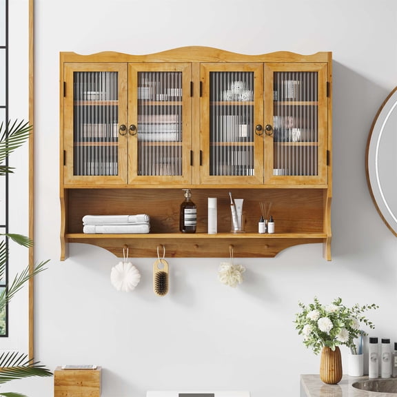 39.37"Retro 4 Door Wall-mounted Cabinet, Featuring Two Layers of Storage Space and An Open Hook Rack Space,Suitable for Bathrooms, Kitchens, Dining Rooms,Natural