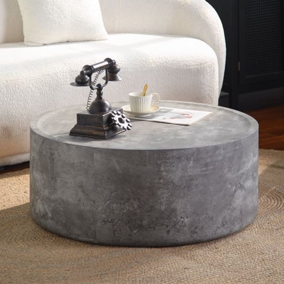 39.37" Round Coffee Table with Faux Concrete Finish for Living Room, Modern Drum Circle Coffee Table for Living Room, No Need Assembly (Concrete Gray)