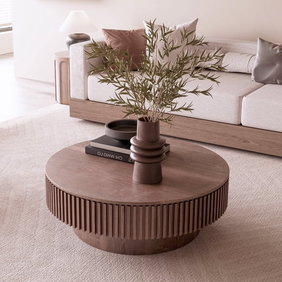 39.37'' Round Coffee Table with Storage Solid Wood Veneered Modern Coffee Table Accent Tea Table for Living Room, Bedroom, Apartment or Office, Walnut