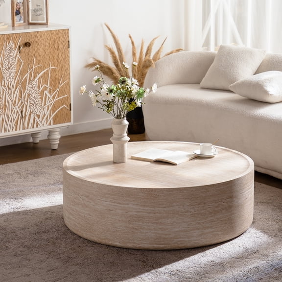 39.37" Round Coffee Table with Mars Pattern Modern Drum Circle Coffee Table for Living Room