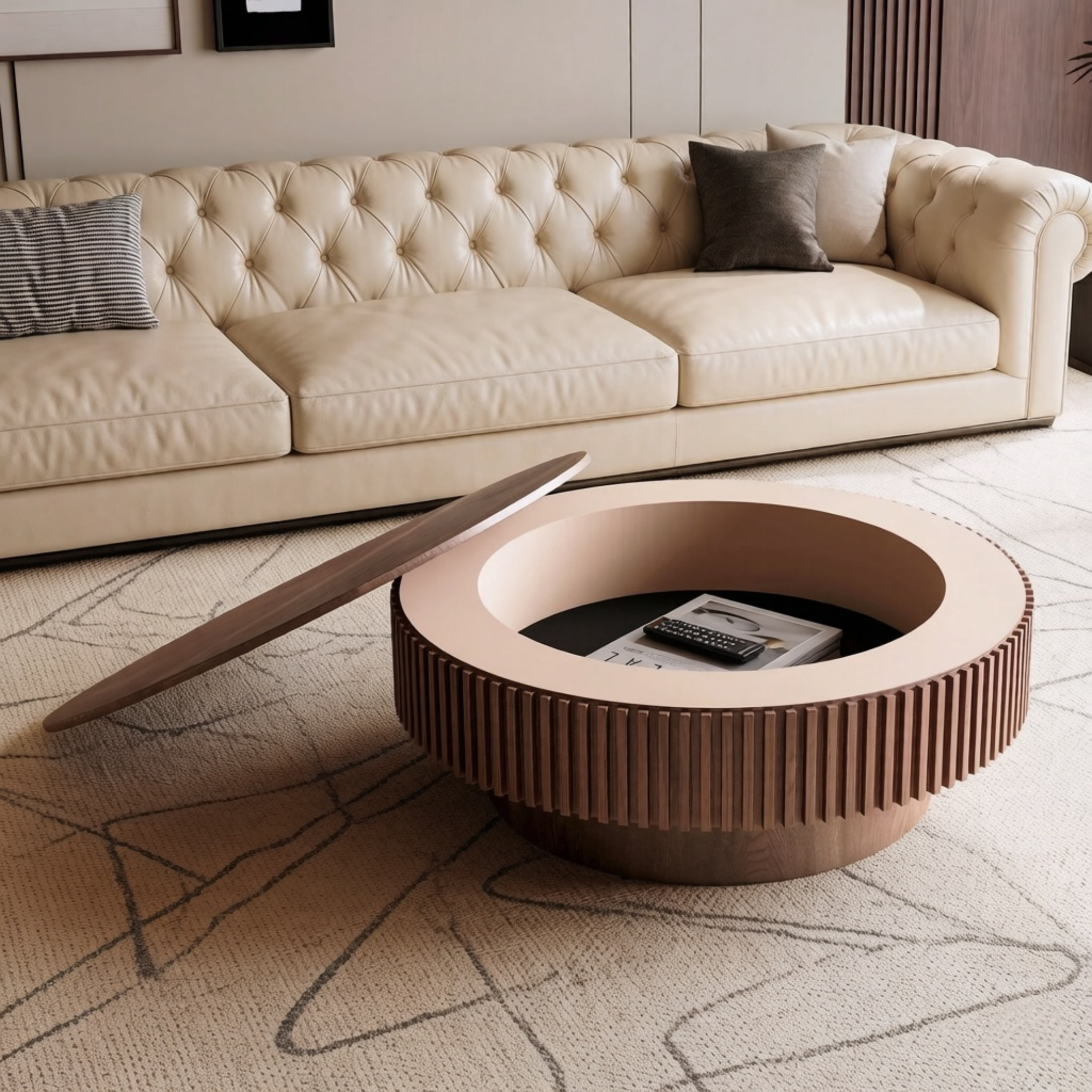 39.37'' Round Coffee Table with Removable Lid & Hidden Storage, Solid Wood Veneered End Table, Fluted Accent Cocktail Table
