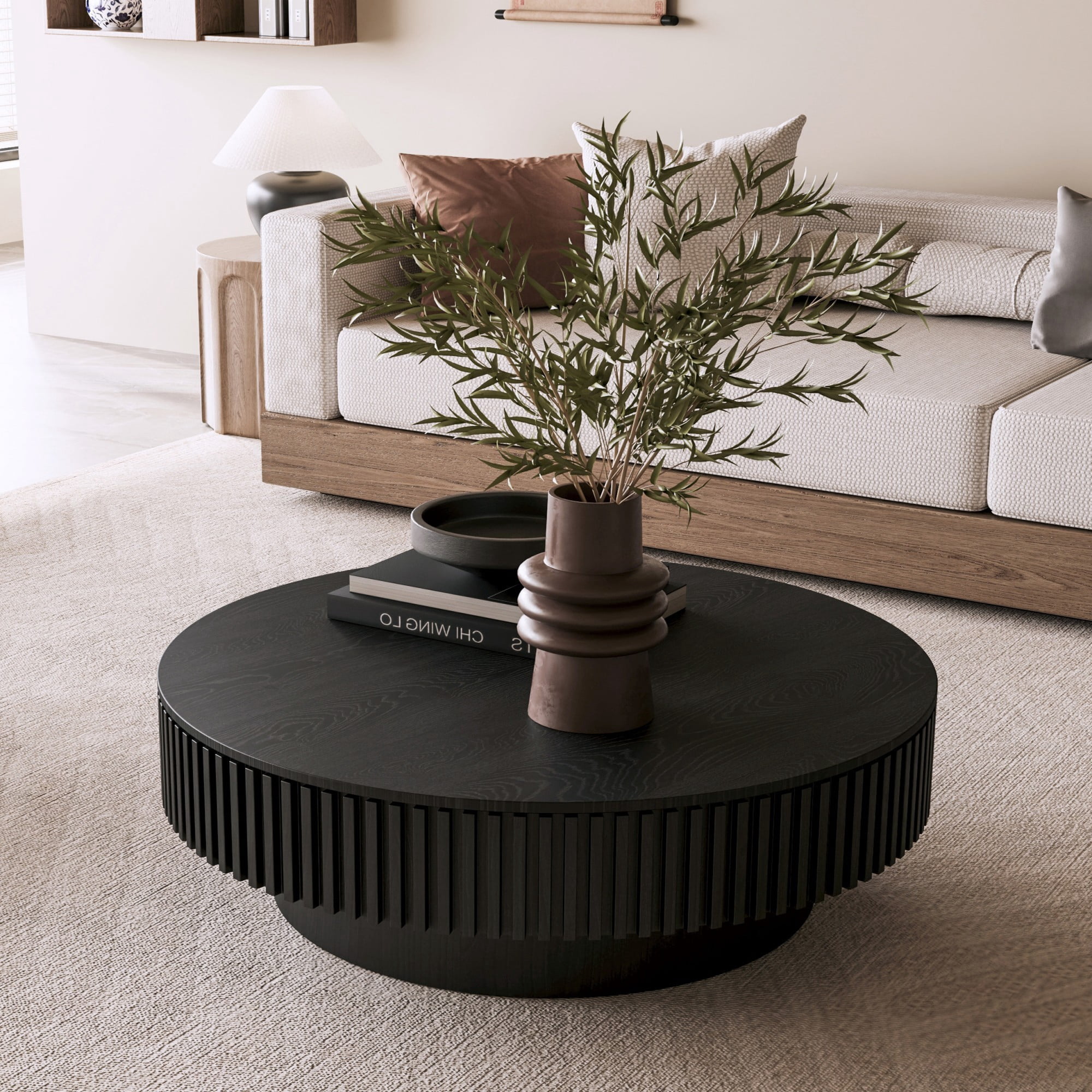 39.37" Round Coffee Table with Storage, Fluted Modern Coffee Table with Hidden Storage, Wood Veneer Center Table for Living Room, Black