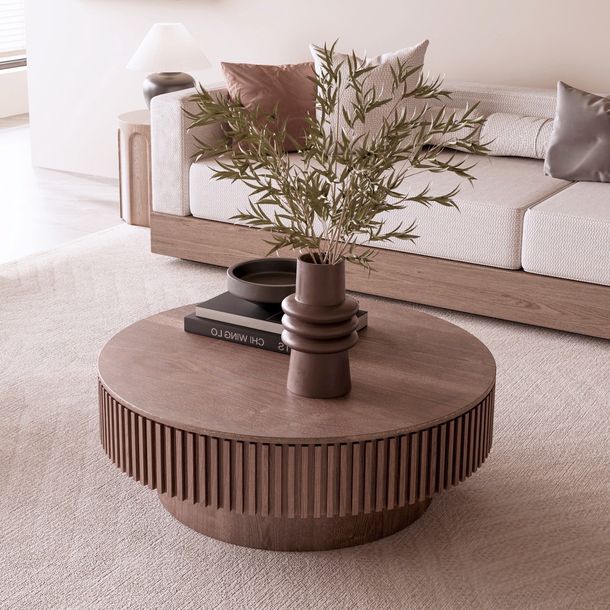 39.37" Round Coffee Table with Storage, Fluted Modern Coffee Table with Hidden Storage, Wood Veneer Center Table for Living Room, Walnut