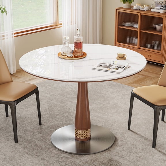 SSTBLEV Round Mid-Century Dining Table, 39.37 inch, Sintered Stone Top with Wood Pedestal Base for Home Kitchen