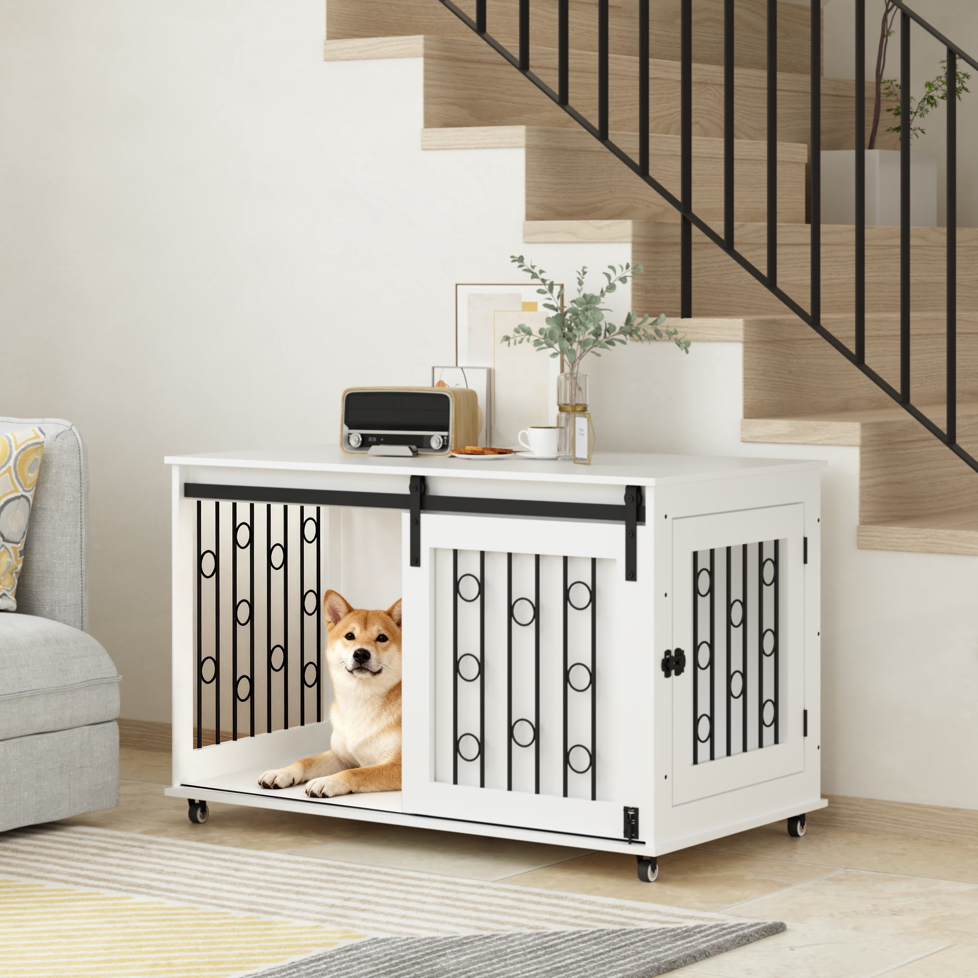 39.37" Wooden Dog Crate Furniture with Sliding Barn Door and Side Door, Indoor Dog Kennel End Table for Small to Medium Dogs, Decorative Pet Crate with Metal Bars and Lockable Wheels