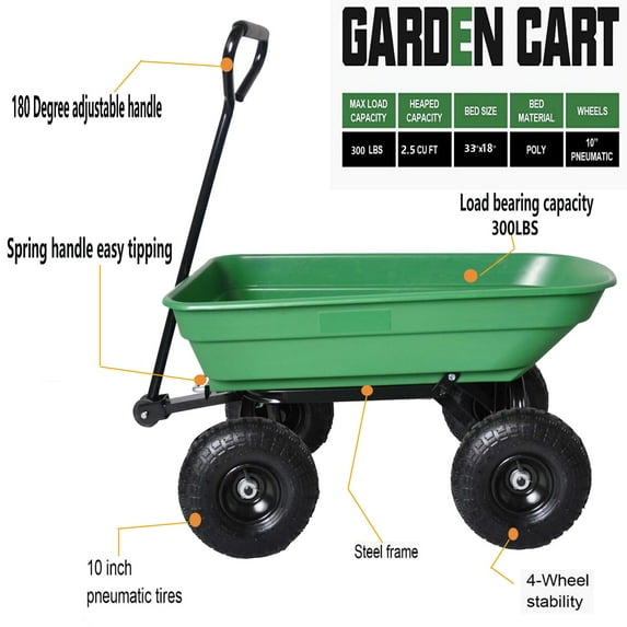 39.37''x 18.90''x 38.98'' Collapsible Garden Wheelbarrow, Folding Yard Cart with Steel Frame, Lawn Cart with 4 Pneumatic Tire for Grass, Soil, Leaf and Garden Supplies, 300 Pound Capacity, Grass Green