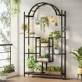 thumbnail image 1 of 39.37” x 30.00” x 74.80” 5-Tier Black & Brown Wood & Metal Plant Stand with Hanging Hooks, 1 of 9