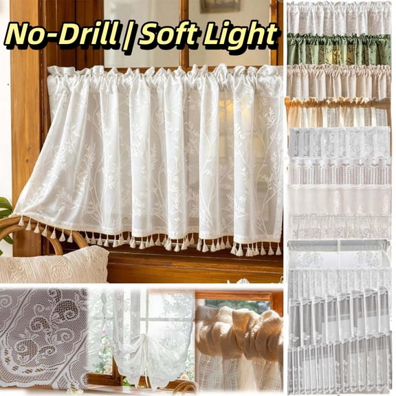 39.37"x23.62" Romantic Flower Pattern Kitchen Curtain, White Chiffon Window Tiers with Rod Pocket, Soft Light Filtering Short Cafe Curtains for Cabinet & Small Windows, AKLJWH