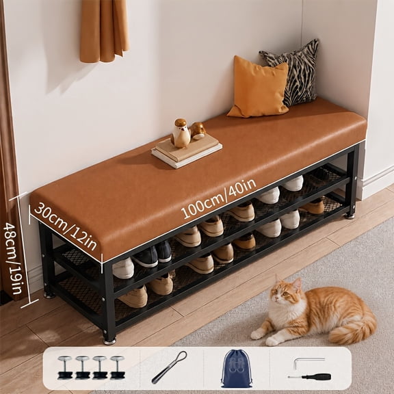 39.37inch cushioned shoe storage stool, double-layer shoe sorting organizer, sturdy metal frame, household storage items for indoor use at corridor entrances