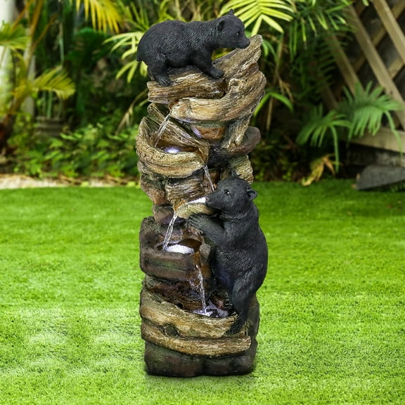 39.3in Tall Outdoor Water Fountain Resin Bear Patio Waterfall Fountain for Garden, Deck, Patio, Porch, Yard and Home Art Decor