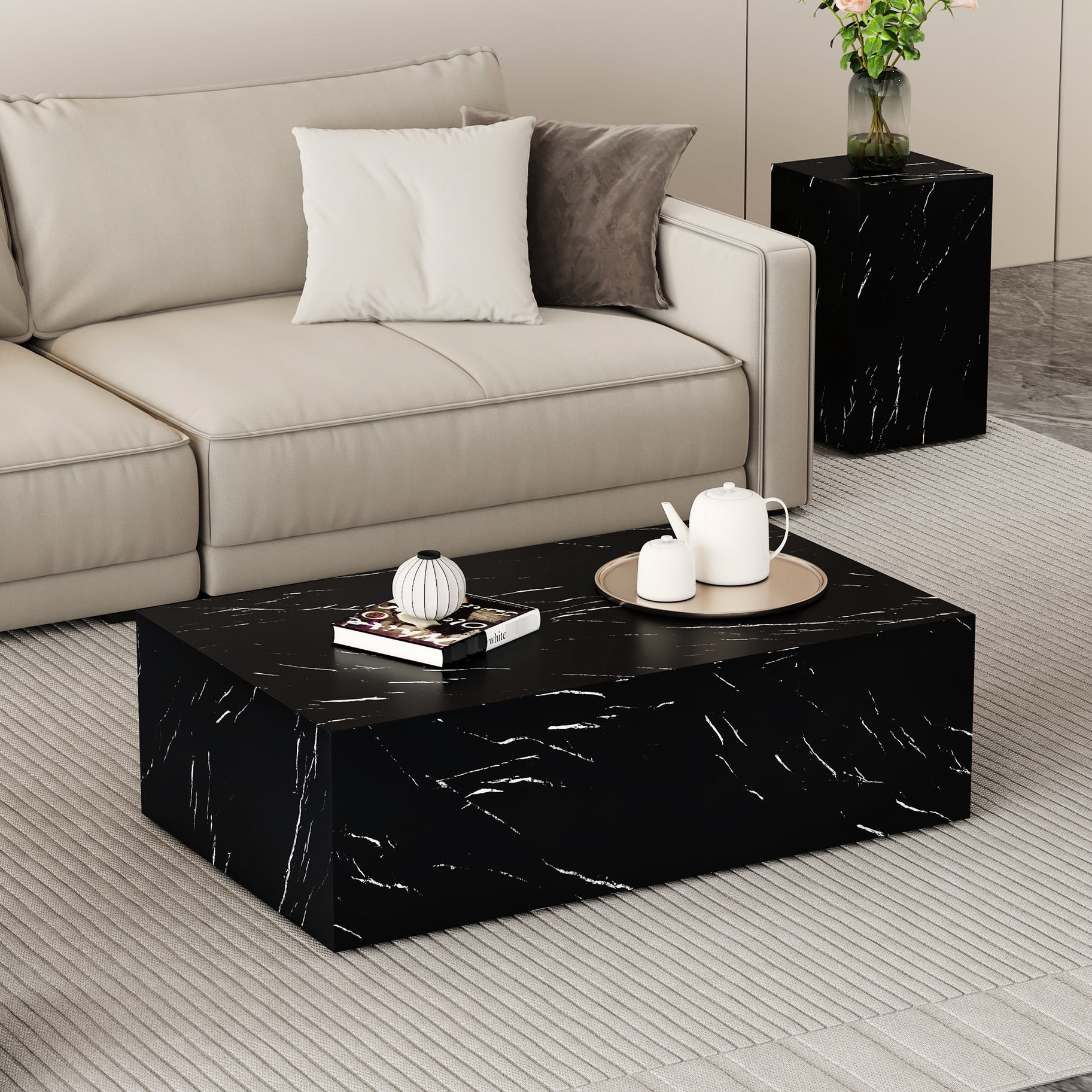 39.3x23.6x11.8 Inch Coffee Table With Black Marble Texture - Suitable ...