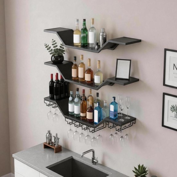 39.4 in 3-Tier Wine Rack Wall Mounted with Wine Glass Rack, Rustic Floating Wine Shelves for Kitchen, Dining Room, Restaurant, and Coffee Shop Display