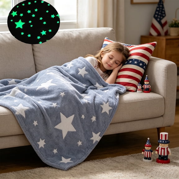 39.4×59in Independence Day Flannel Blanket, Luminous Warm Nap Throw, Soft Air Conditioning Cover Blanket for Office Rest, Indoor Sofa Decoration and Holiday Leisure Use, Blue-C