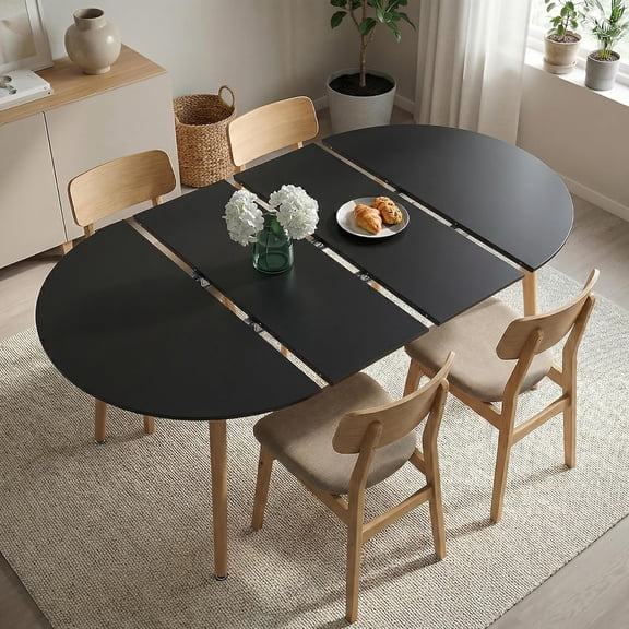 39.4"-70.8" Extendable Dining Table for 4-8, Mid Century Modern Wooden Oval Table with Removable Leaves Space Saving, Round Dining Table with Metal Leg for Kitchen, Black