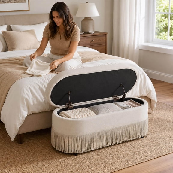 39.4" Boho Storage Ottoman Bench, Extra-Wide Oval End of Bed Bench with Lift-Top Hidden Storage, Upholstered Linen Foot Rest with Tassel Fringe & Metal Legs, Bedroom, Entryway Seating, Sofa (Beige)