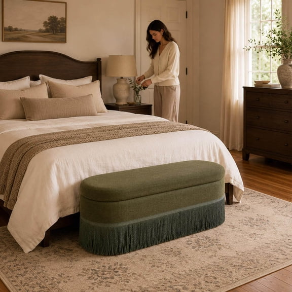 39.4" Boho Storage Ottoman Bench, Extra-Wide Oval End of Bed Bench with Lift-Top Hidden Storage, Upholstered Linen Foot Rest with Tassel Fringe & Metal Legs, Bedroom, Entryway Seating, Sofa (Green)