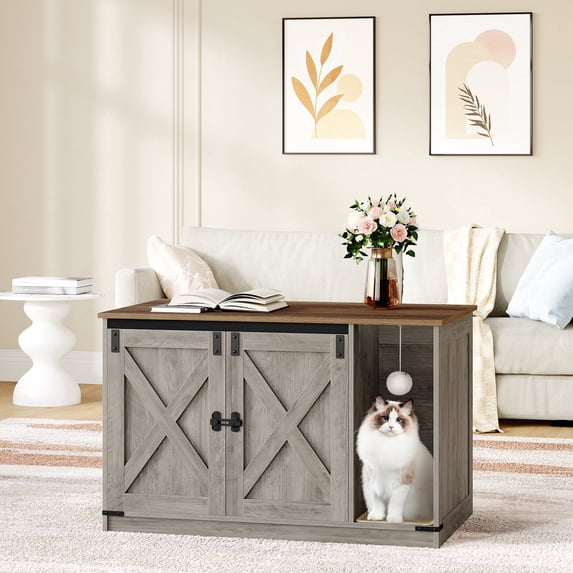 Hzuaneri 39.4" Cat Litter Box Enclosure, Hidden Cabinet Furniture with Bell, Farmhouse Style, Greige