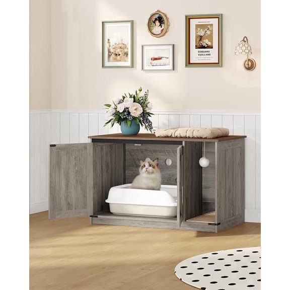 Hzuaneri 39.4" Cat Litter Box Enclosure, Hidden Cabinet Furniture with Bell, Farmhouse Style, Greige