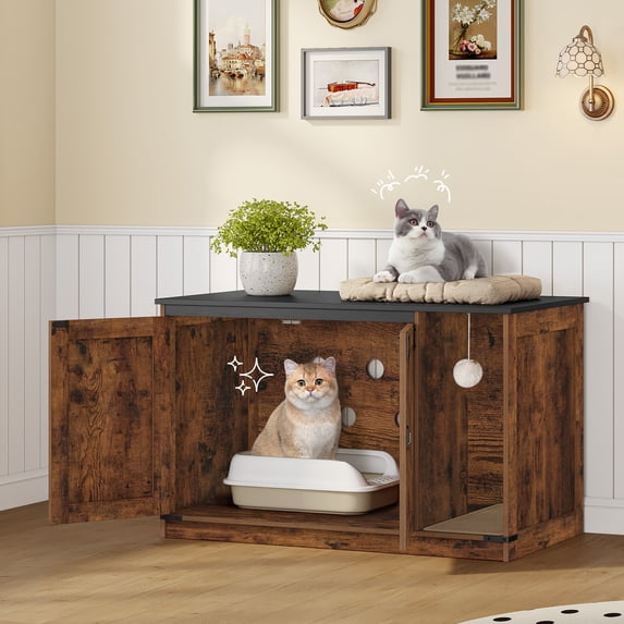 Hzuaneri 39.4" Cat Litter Box Enclosure, Hidden Cabinet Furniture with Bell, Farmhouse Style, Rustic Brown and Black