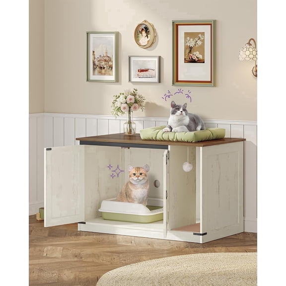 Hzuaneri 39.4" Cat Litter Box Enclosure, Hidden Cabinet Furniture with Bell, Farmhouse Style, Rustic Brown and White