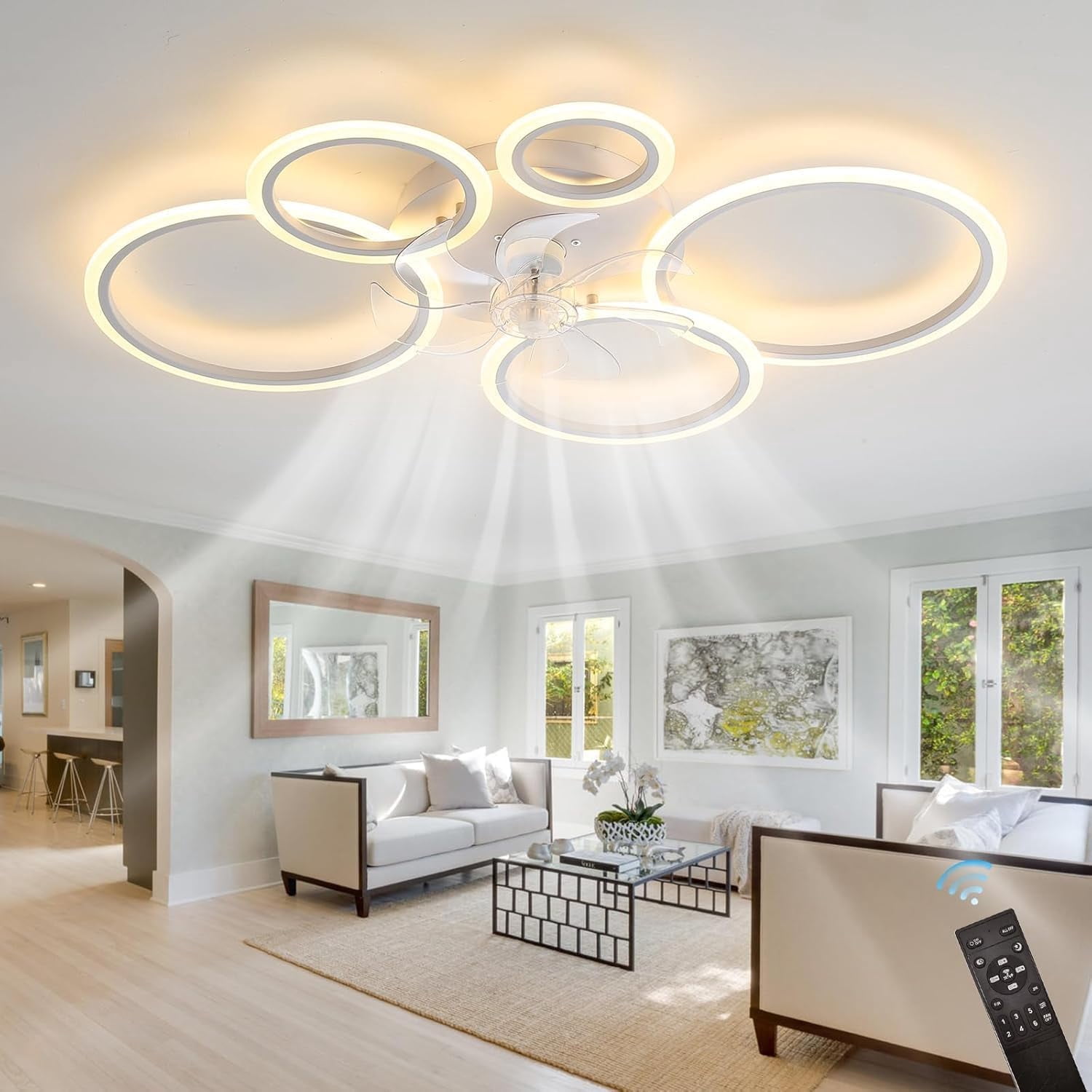 39.4'' Ceiling Fan with Light and Remote Control ，Low-Profile Modern Flush Mount Installation, Dimmable with 6 Speed Options for Bedrooms, Living Rooms, Dining Rooms, and Kitchens