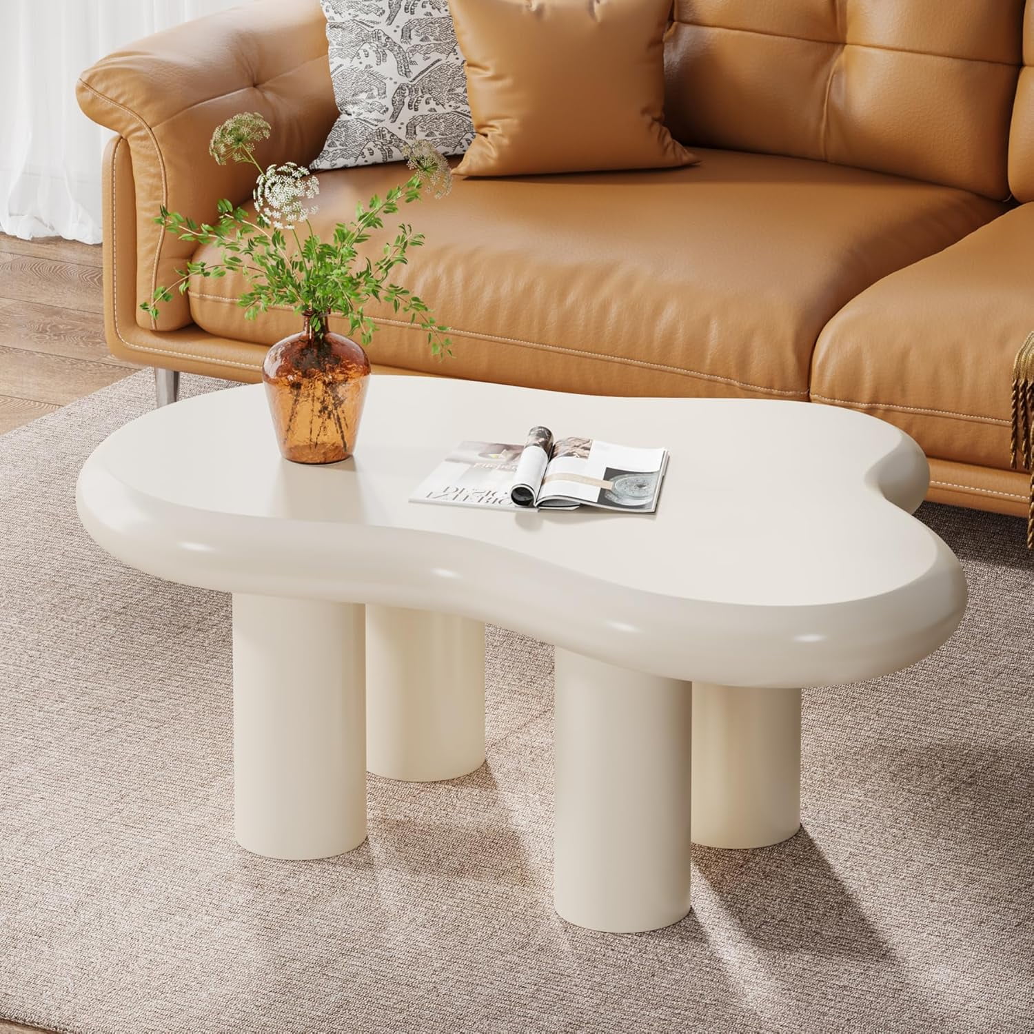 39.4" Coffee Table, Cute Cream Coffee Table with 4 Solid Legs, Modern ...