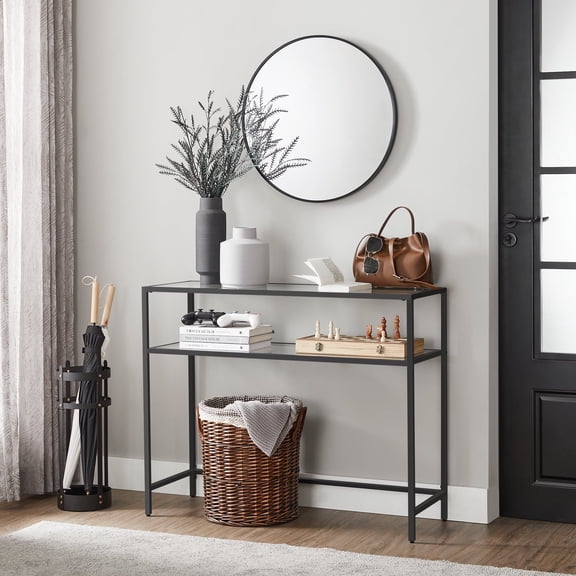 39.4" Console Sofa Entryway Table Glass Table with Adjustable Feet Narrow Glass Table 2 Shelves for Bedroom Living Room Hallway Black
