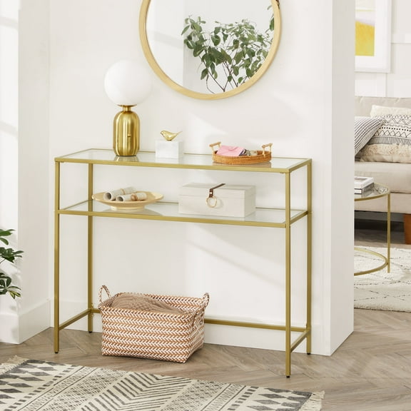 39.4" Console Sofa Entryway Table Glass Table with Adjustable Feet Narrow Glass Table 2 Shelves for Bedroom Living Room Hallway Gold