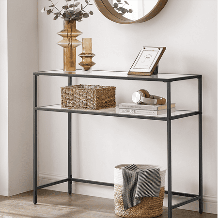 39.4" Console Table Entry Sofa Glass Table with 2 Shelves Steel Frame Adjustable Feet Black