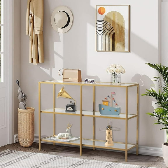 39.4 Console Table, Tempered Glass Sofa Table, Modern Entryway Table, Metal Frame, Easy to Assemble, for Living Room, Hallway, Gold Color