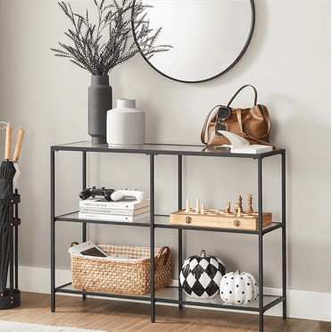 39.4" Console Table with 3 Shelves Metal Frame Glass Shelf for Living Room Black Entryway Table