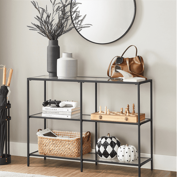 39.4" Console Table with 3 Shelves Metal Frame Glass Shelf for Living Room Black Entryway Table