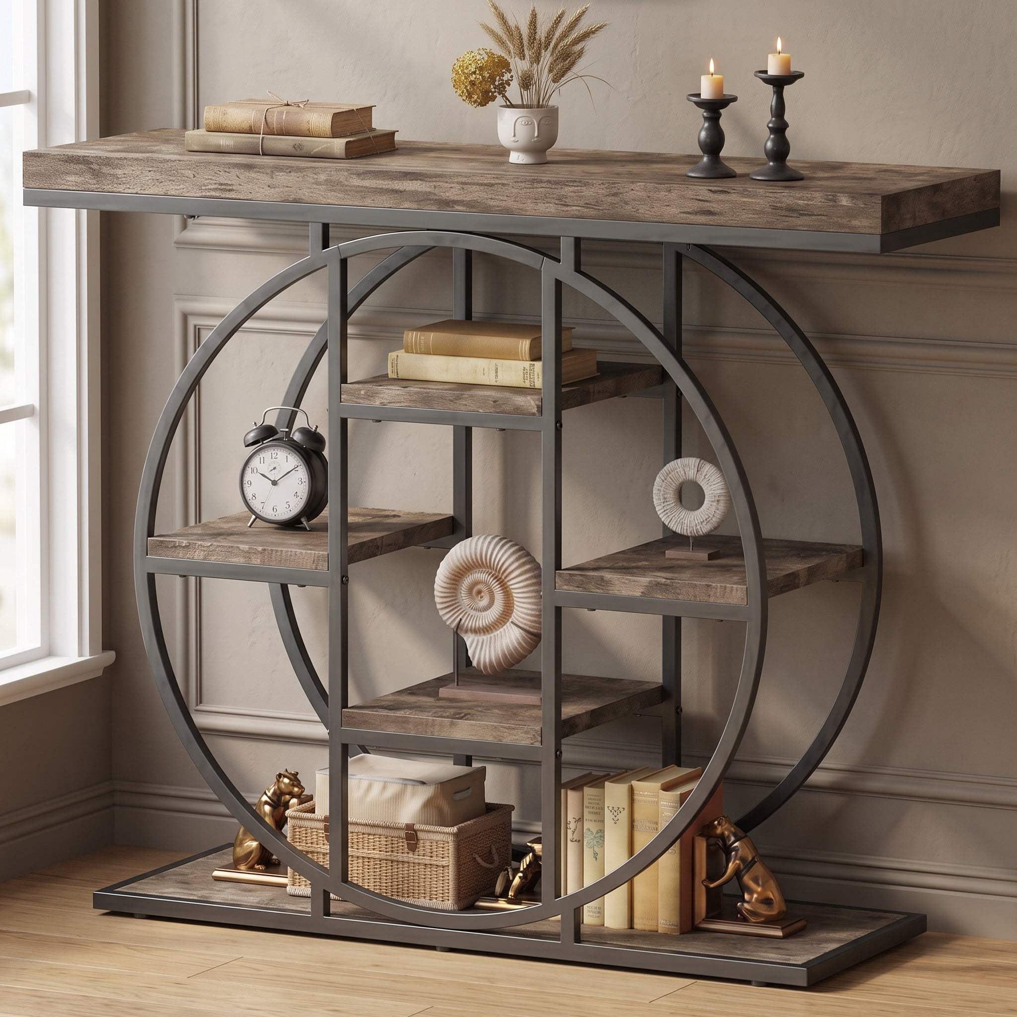 39.4" Console Table with Storage Shelves, Industrial Sofa Table for Living Room, Hallway, Rustic Oak