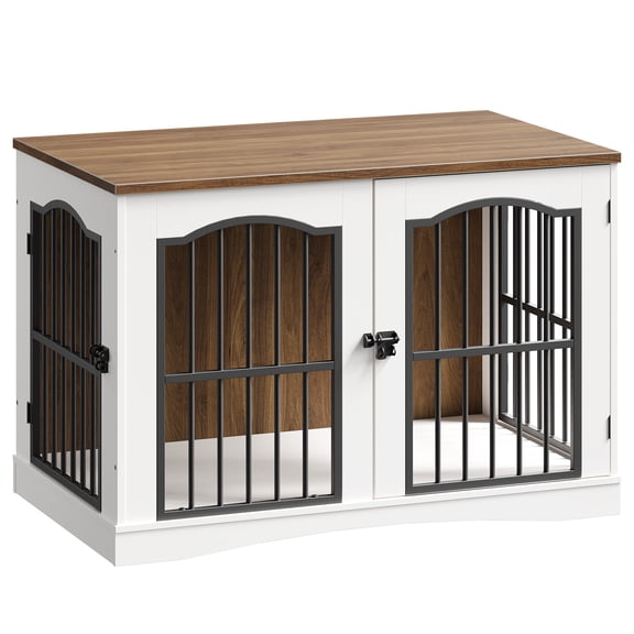 39.4" Dog Crate Furniture, Heavy Duty Dog Kennel Indoor with 3 Doors, Dog Cage for Medium/Large Dogs, Decorative Pet House Side End Table TV Stand, White and Walnut WH66GW03