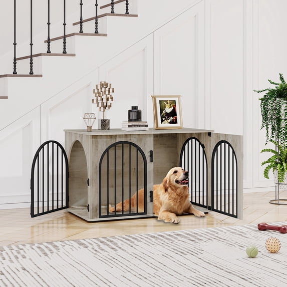 Hzuaneri Dog Crate Furniture, 39.4" Wooden Dog Kennel with Cushion, Indoor Dog Cage for Medium to Large Dog, Decorative Pet House Side End Table TV Stand, Heavy Duty, Greige Black