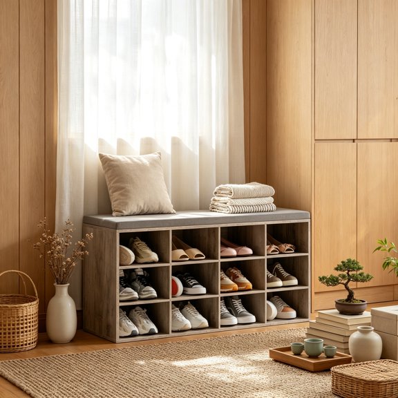 39.4" Entryway Bench with 12 Cubbies & Coat Rack Cushioned Seat, Holds 330 lbs, Gray Hall Tree Storage